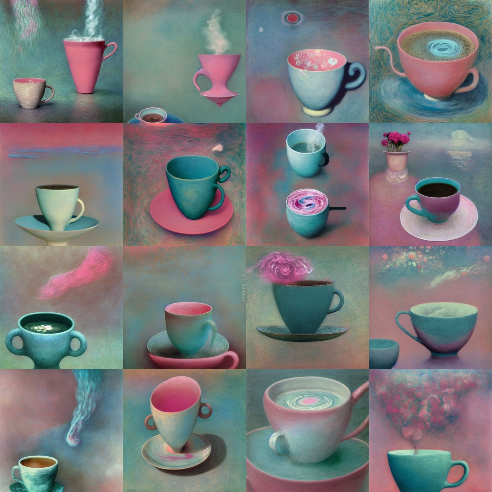 Surreal Coffee Cup: Oil Painting in Teal and Pink