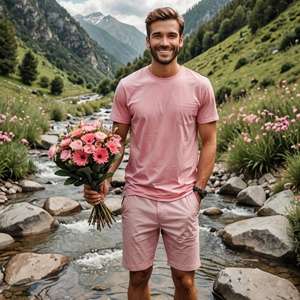 Smiling Man with Flowers in Pink Outfit Portrait