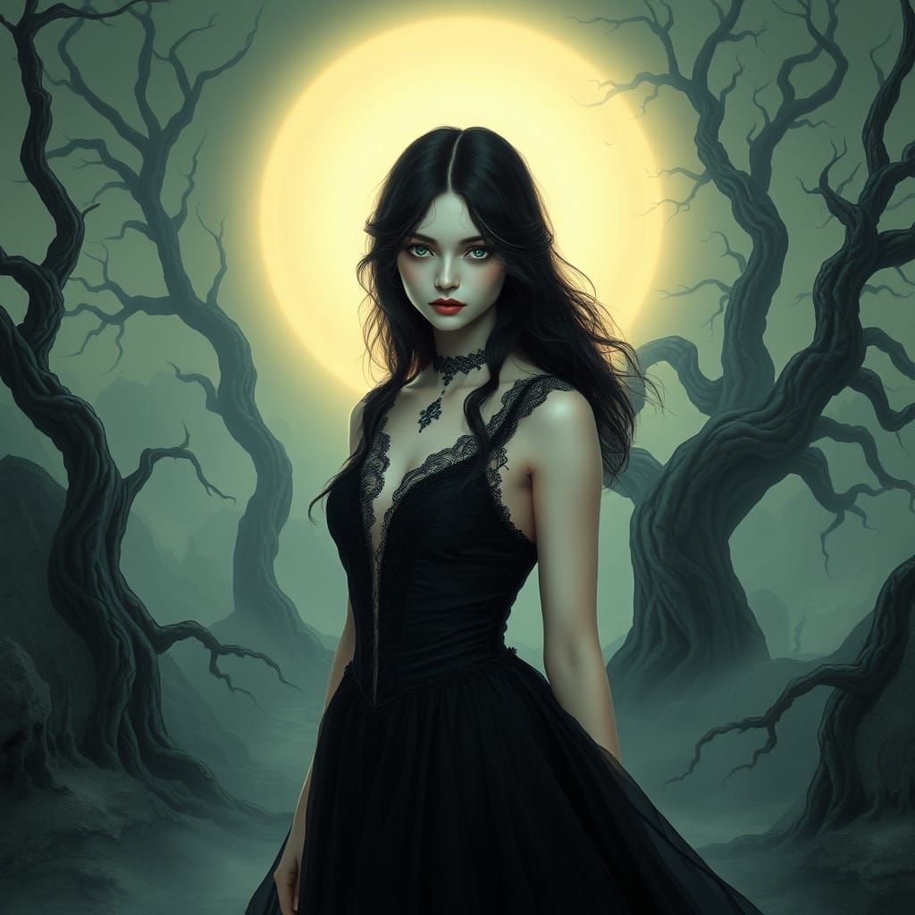 Ethereal Gothic Goddess in Mysterious Landscape