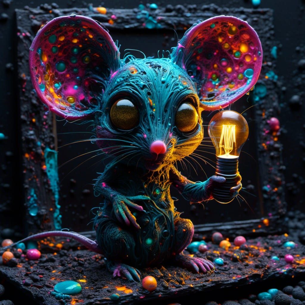 Black Chibi Mouse Painting with Golden Highlights