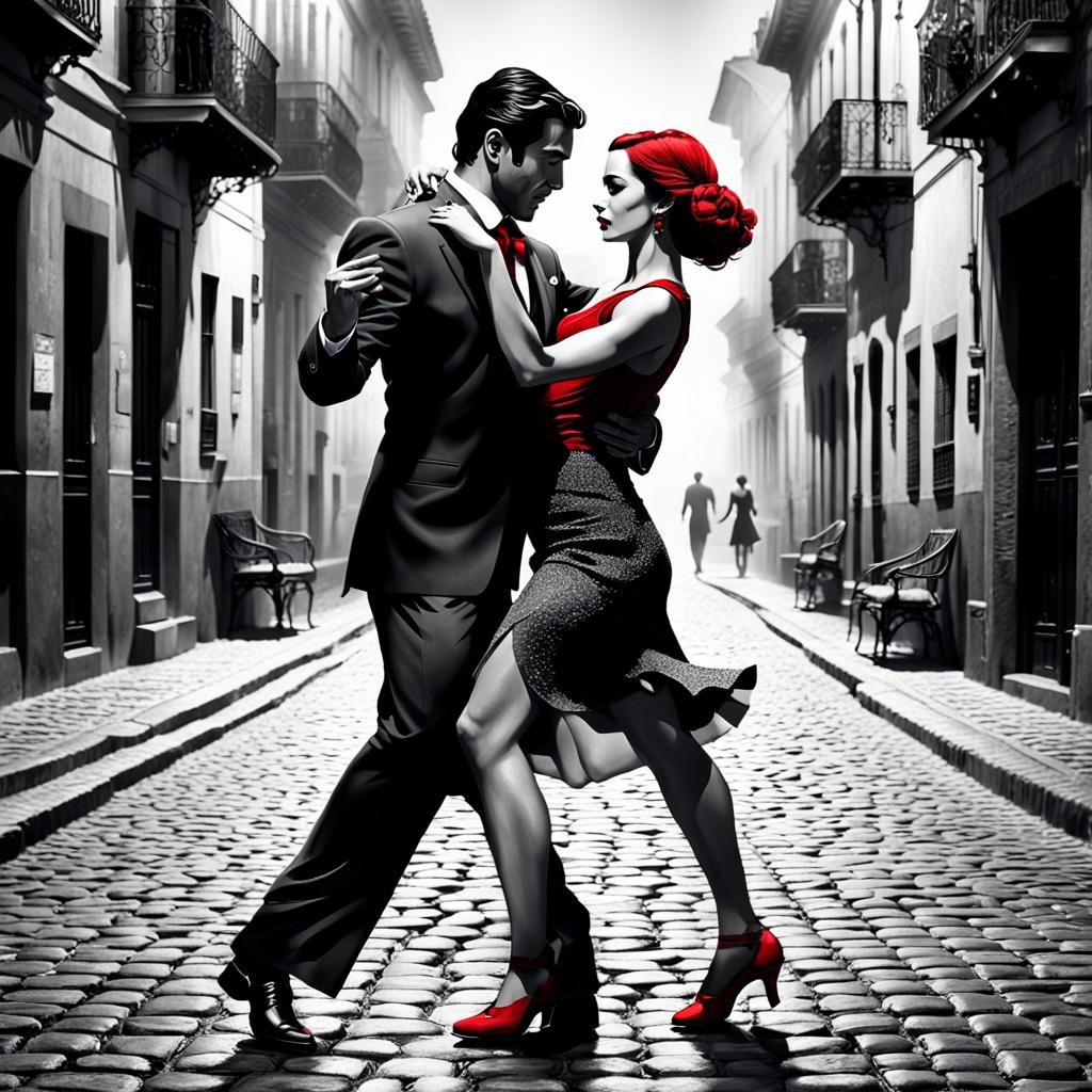 Tango Couple Dancing in Grayscale with Red Accents