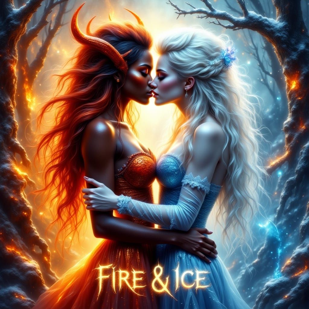 Lesbian Elementals Embracing in a Dance of Fire and Ice