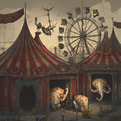 Horror Scene of Abandoned Circus in Engraving Style