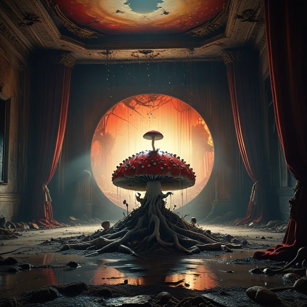 Abandoned Opera House with a Fly Agaric Mushroom in Twilight