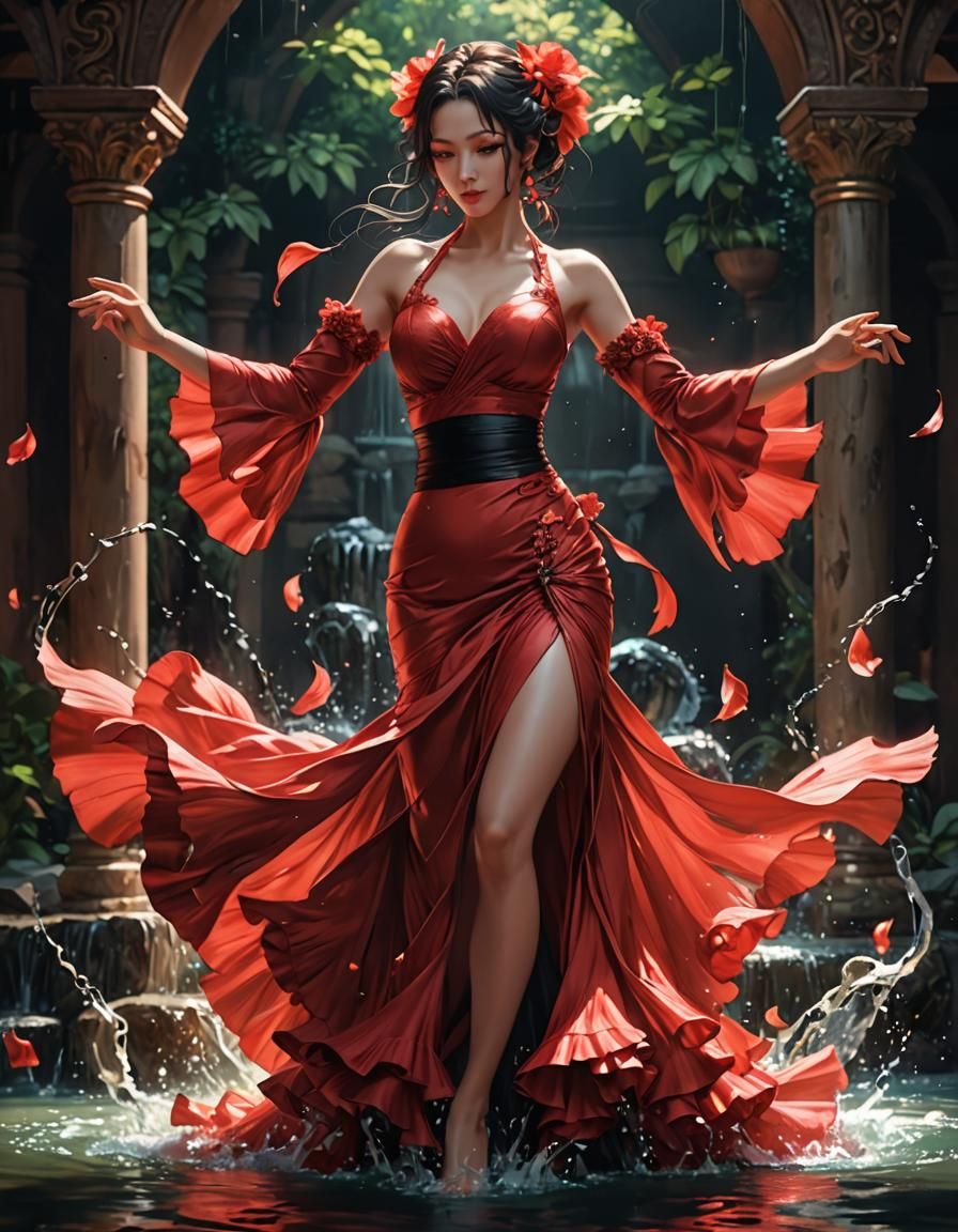 Anime Demon Dancing Flamenco in Flowing Water