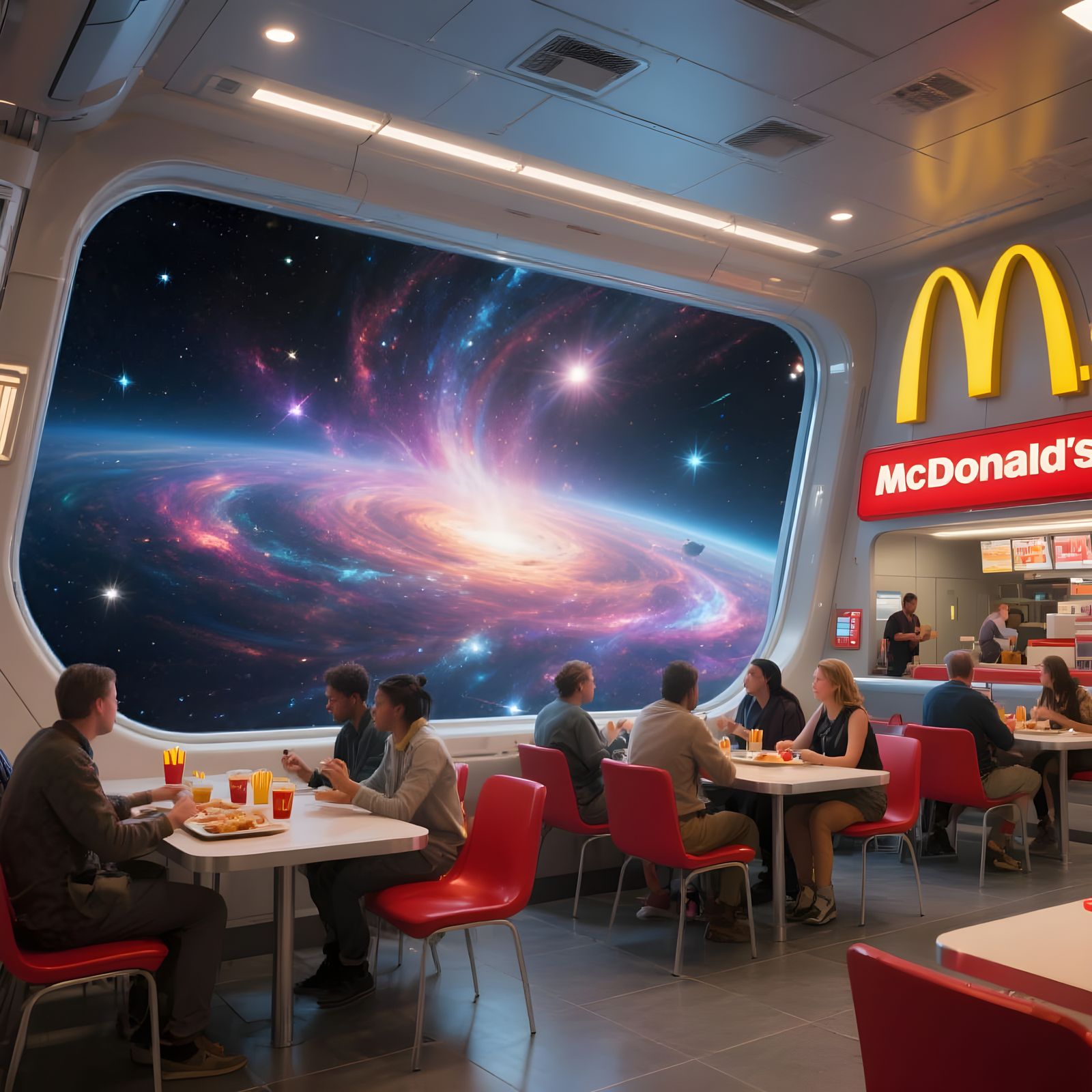 Futuristic McDonald's in Spaceship with Galaxy View