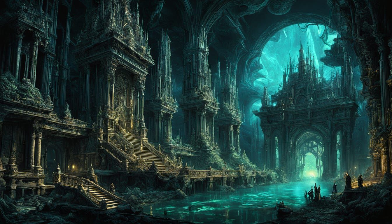 Bioluminescent Underwater City in Ancient Coral Reef