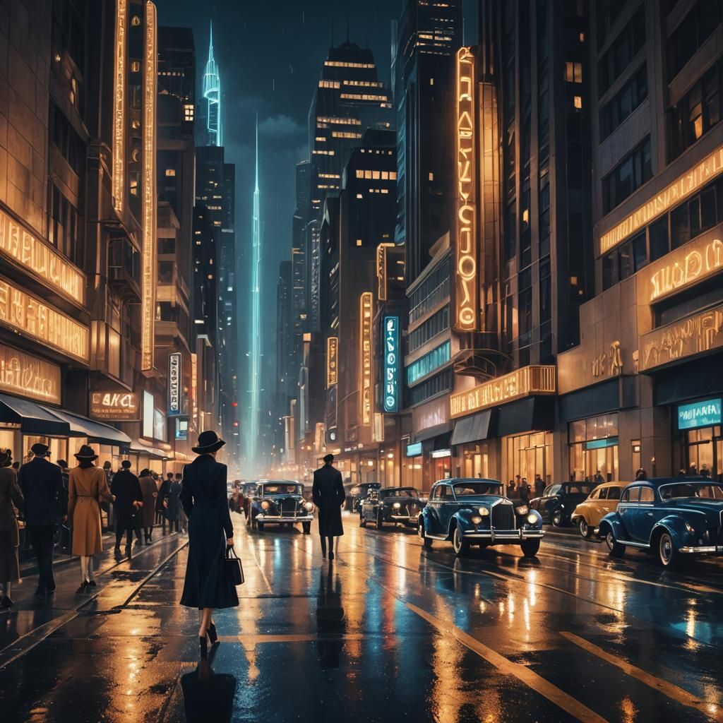 Art Deco Cityscape at Night in Tamara de Lempicka Style