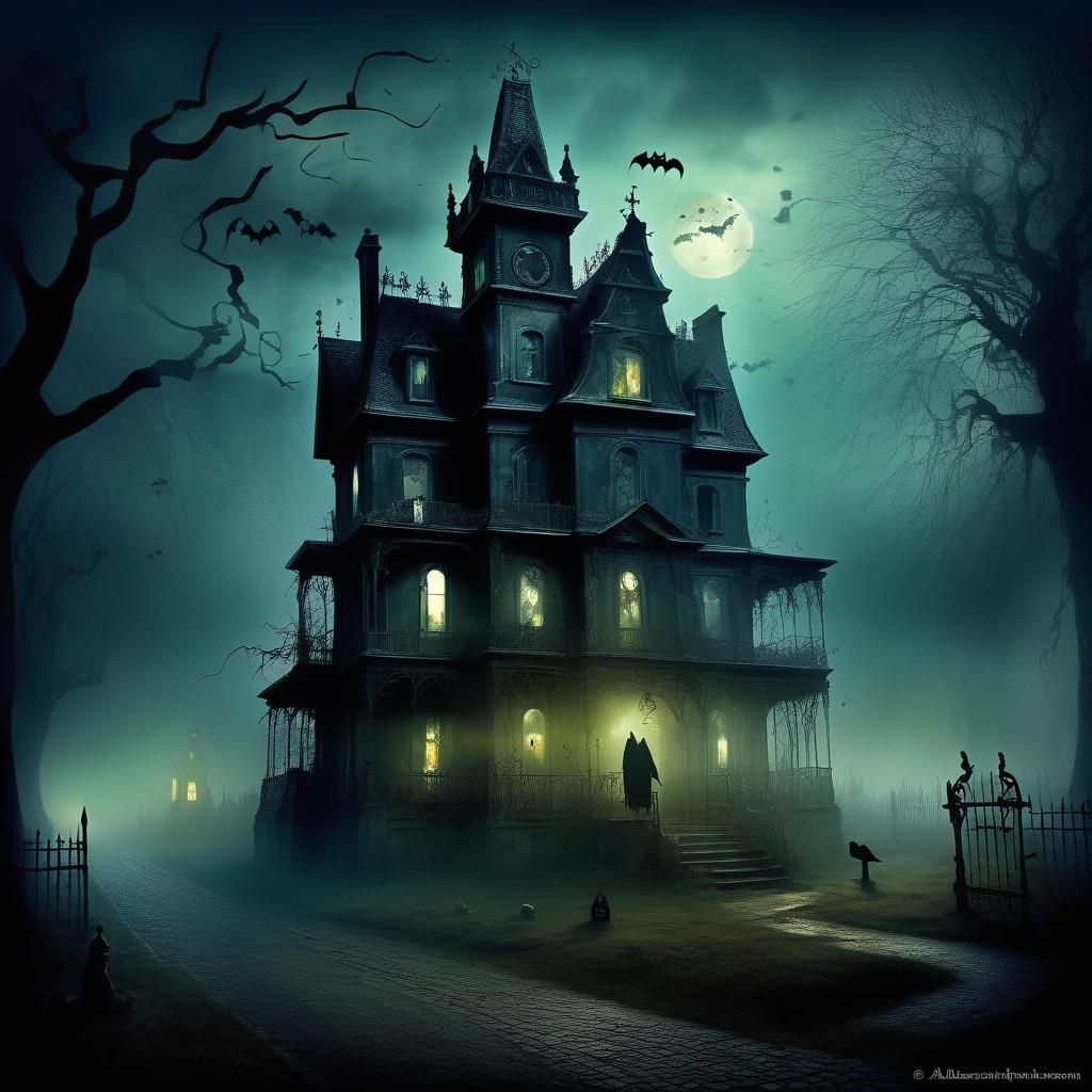 Charming Haunted House with Ethereal Mist and Ghosts