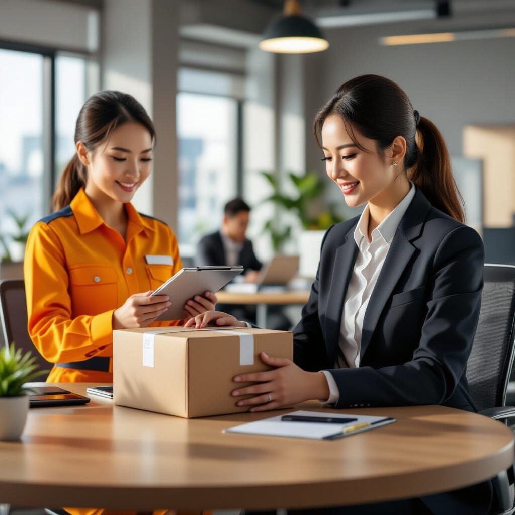 Office Scene: Secretary Receives Package in Realistic Style
