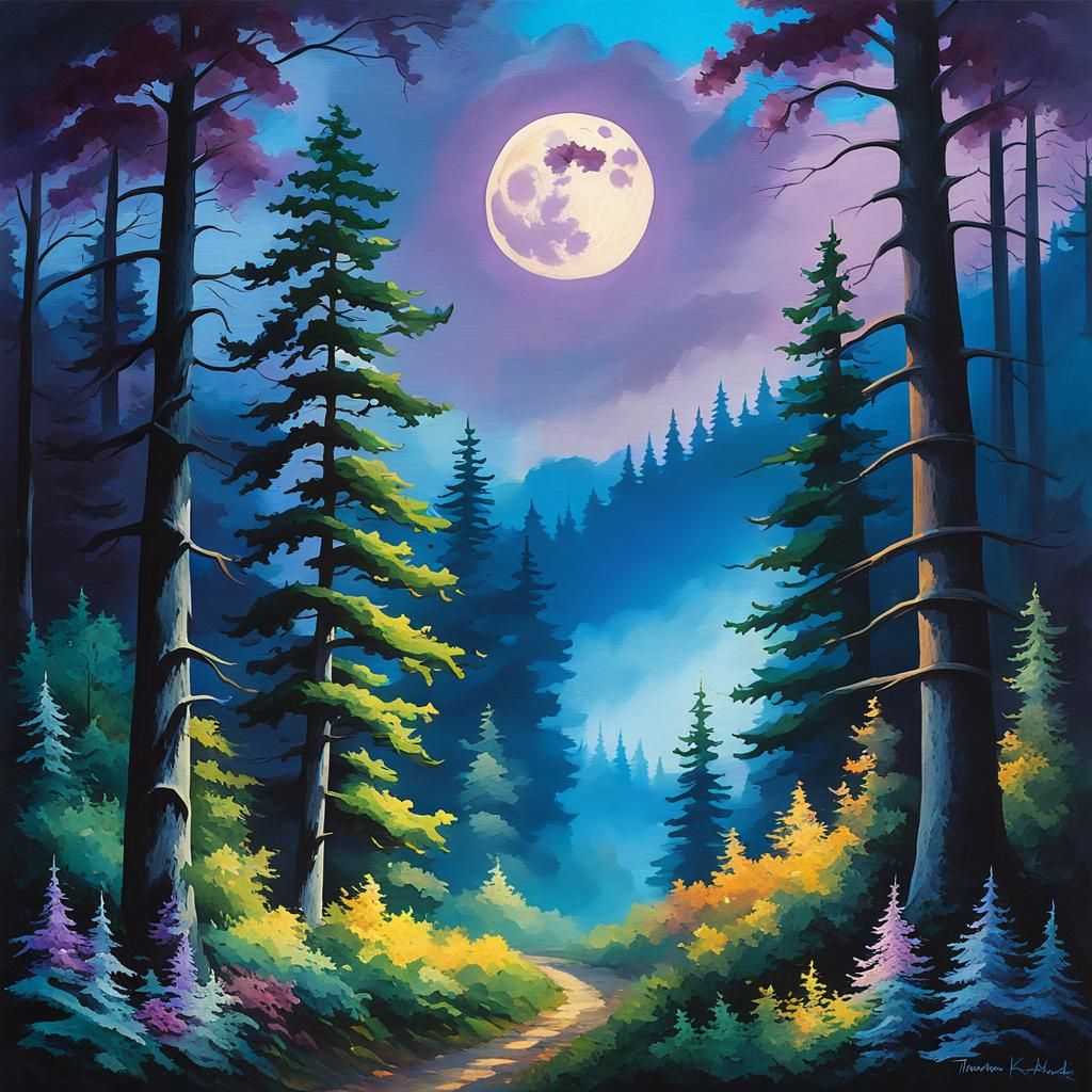 Moonlit Forest Scene in Kinkade Style