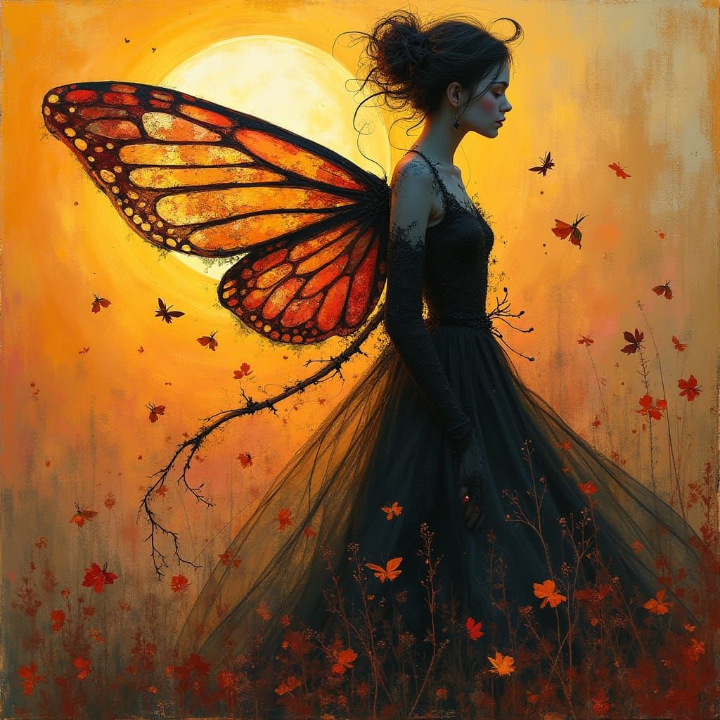 Whimsical Sunset Fairy in Vibrant Mixed Media