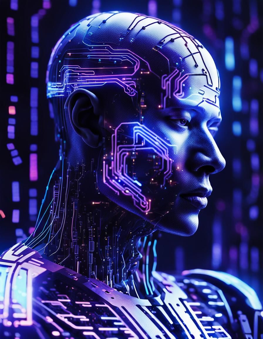Cybernetic Being Portrait in Neon-Lit Sci-Fi Style