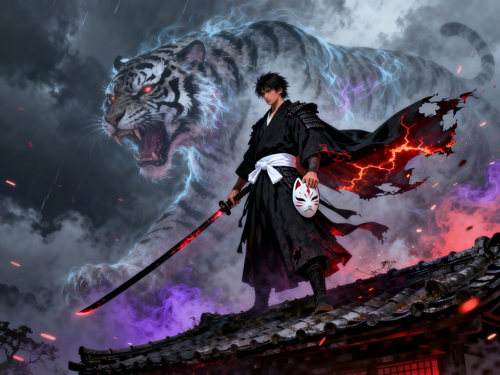 Samurai Warrior with Ghostly Tiger Spirit