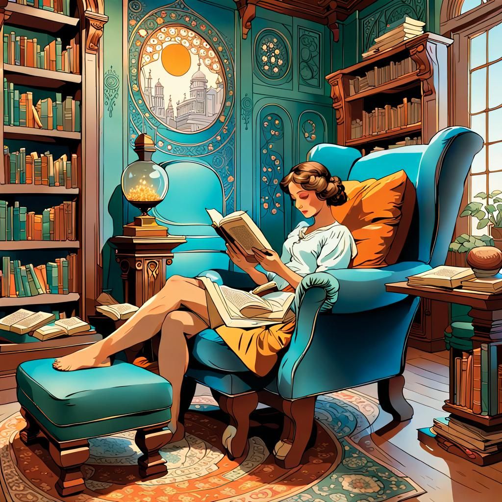 Woman Reading in Alphonse Mucha Style Library