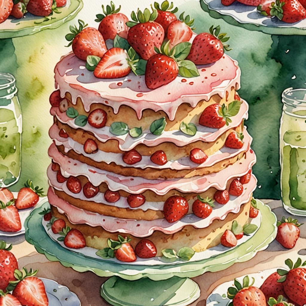 Strawberry Cake Watercolor Illustration in Storybook Style