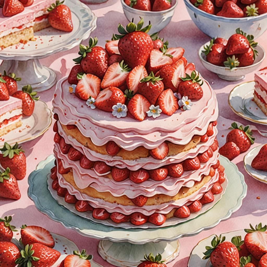 Strawberry Cake with Pastel Frosting, Watercolor Illustratio...