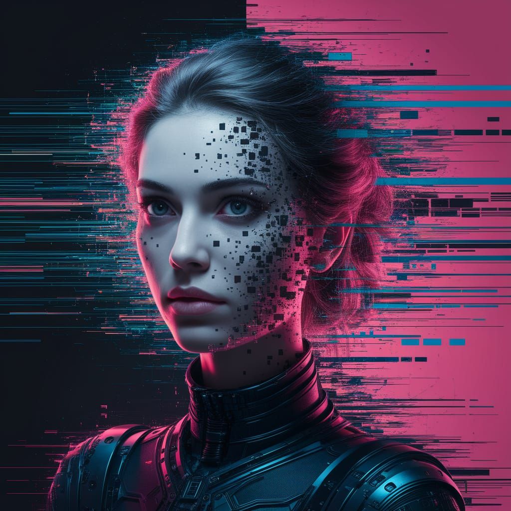 Digital Decay: Woman's Face Dissolving into Static