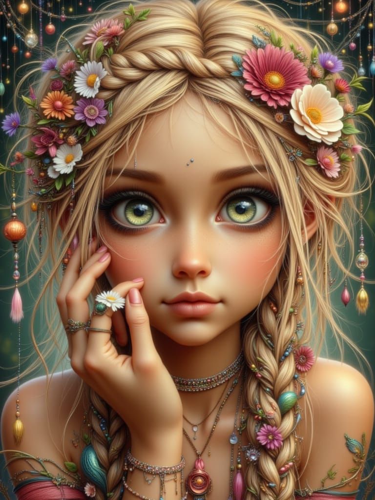 Bohemian Woman with Flowers, Alphonse Mucha Style