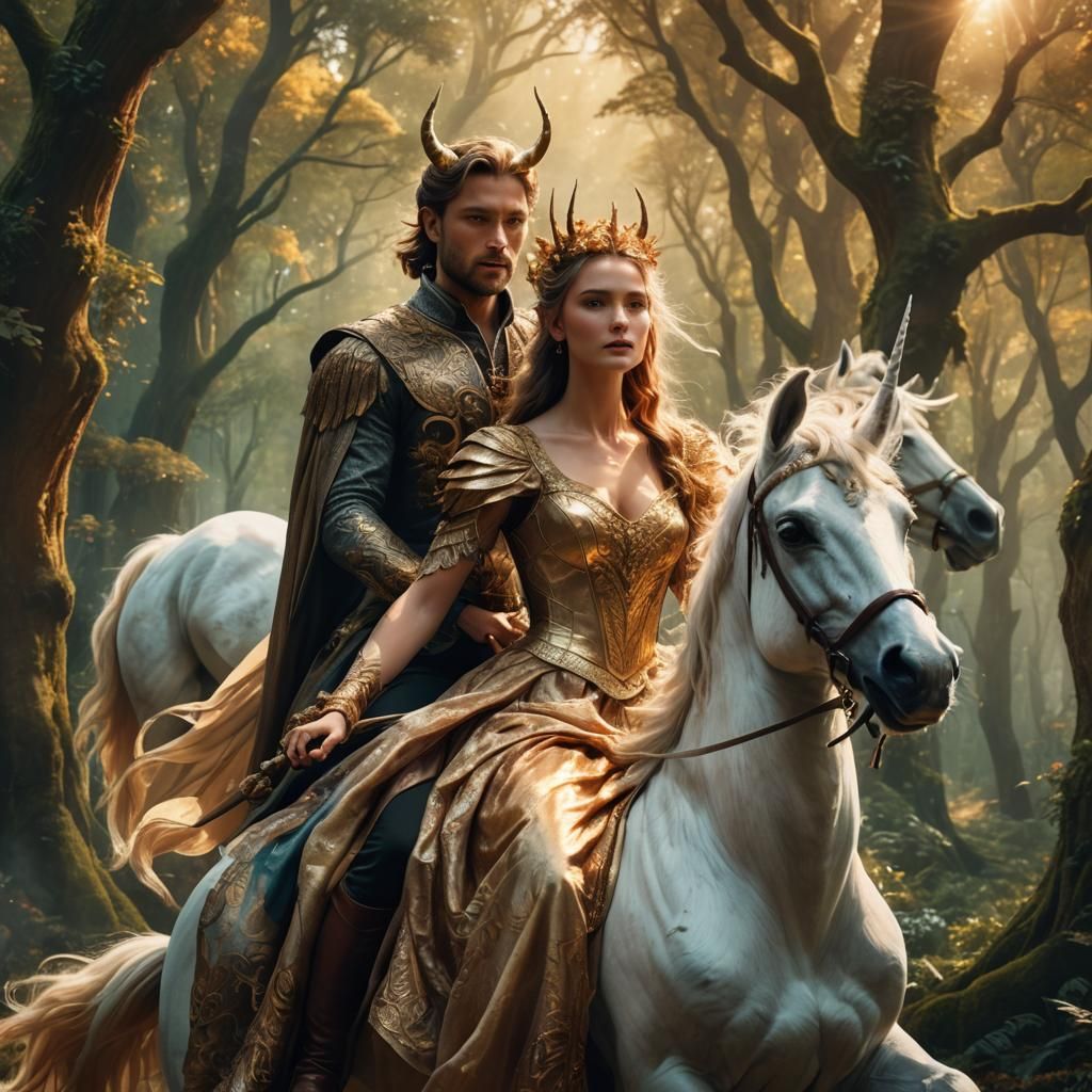 Mystical Forest: Lovers on Unicorn in Digital Art