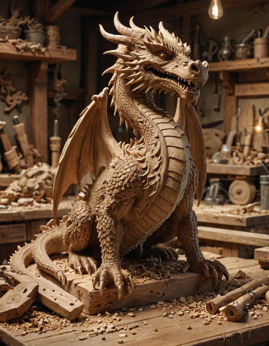 Detailed Wooden Dragon Sculpture in Digital Matte Painting