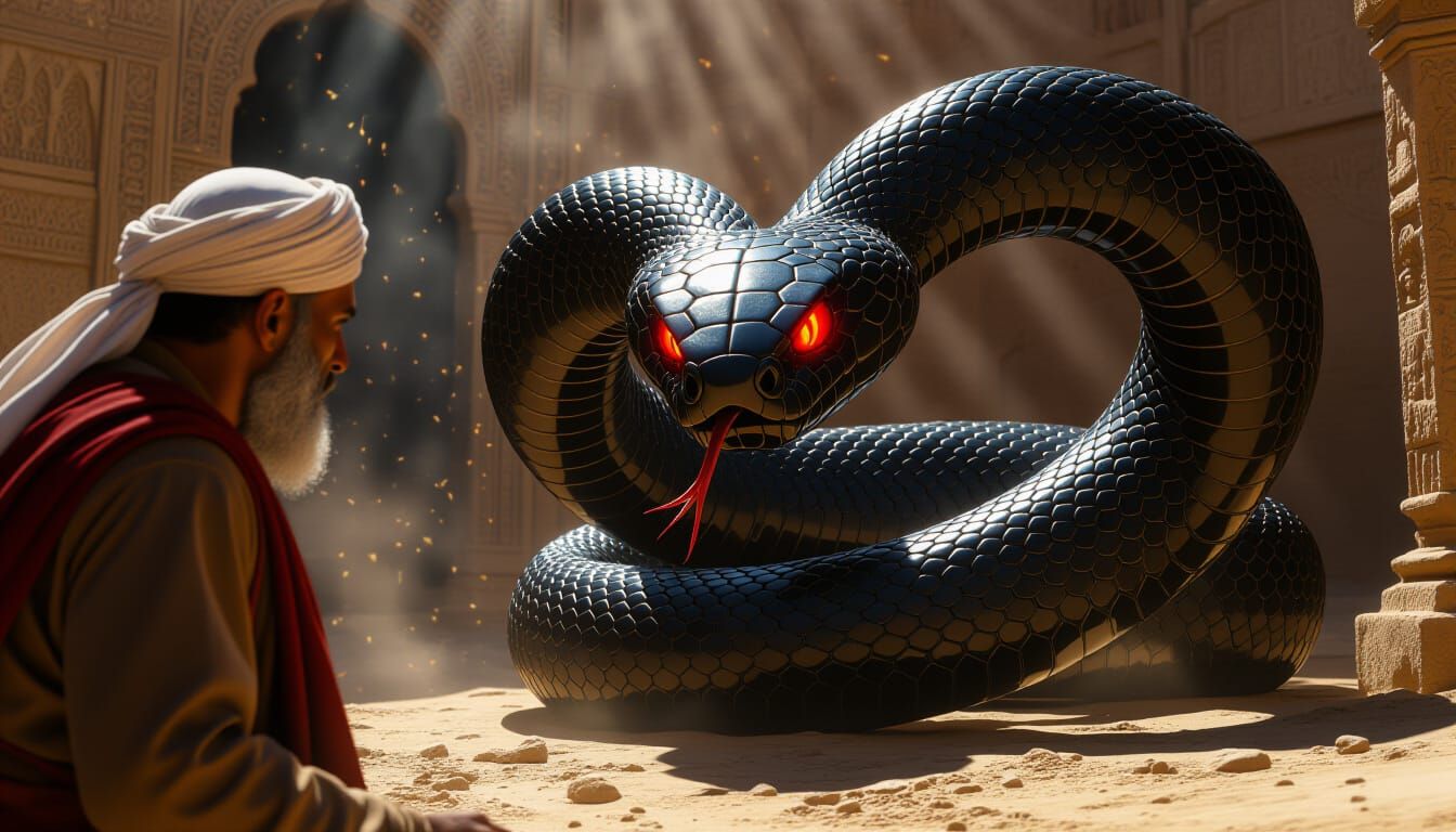 Man's Fear of Giant Snake in Dramatic Sunlight