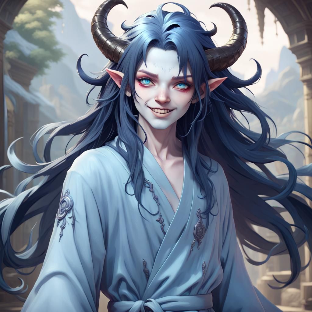 Serene Androgynous Blue Demon in Flowing Robe