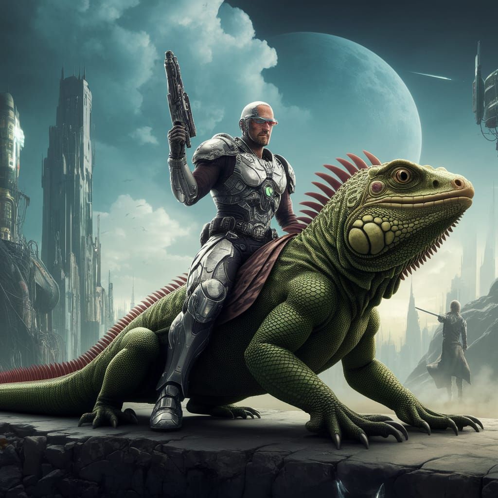 Future Warrior Rides Giant Iguana in Neo-Futuristic Landscap...