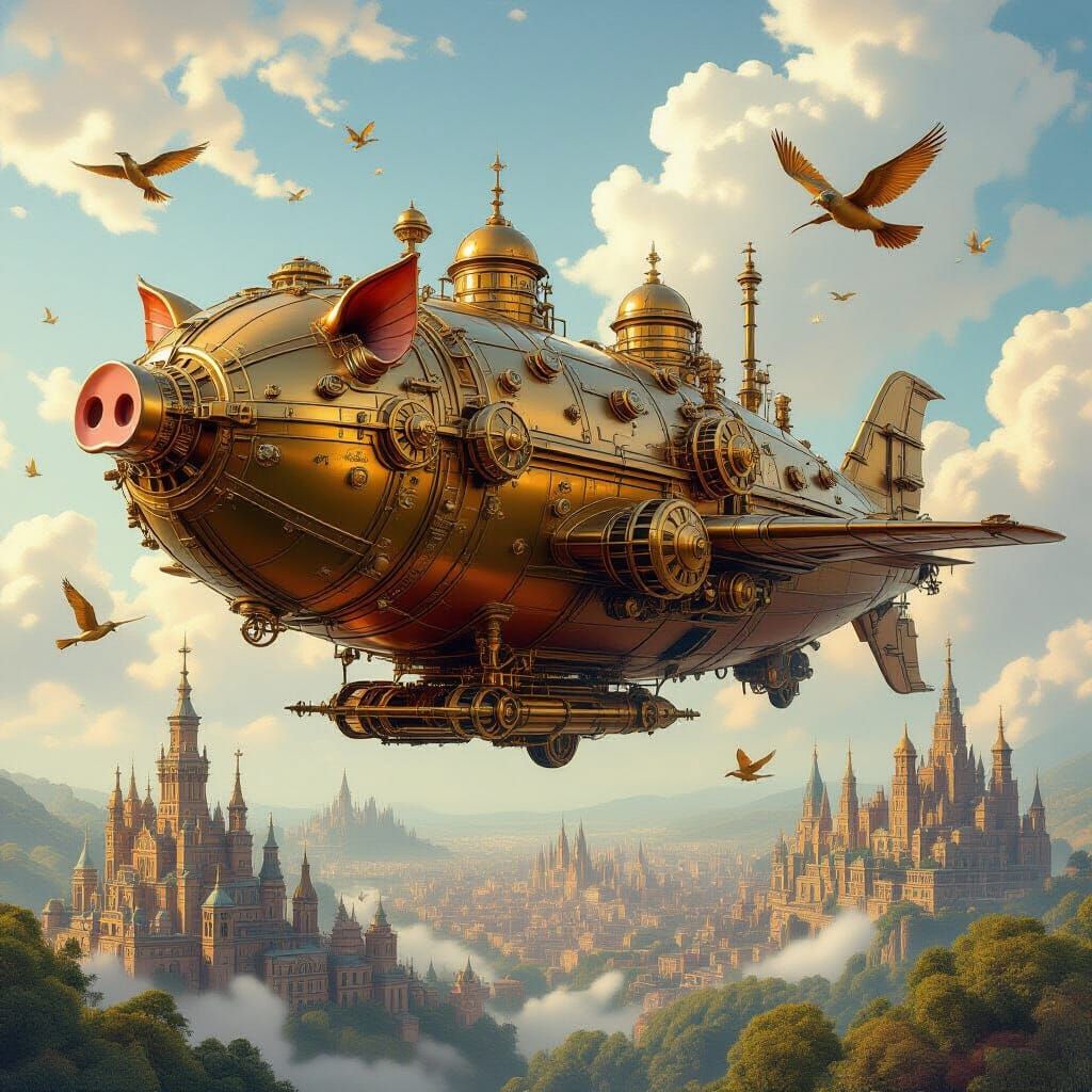 Steampunk Pig Airship Soaring Through Clockwork Sky
