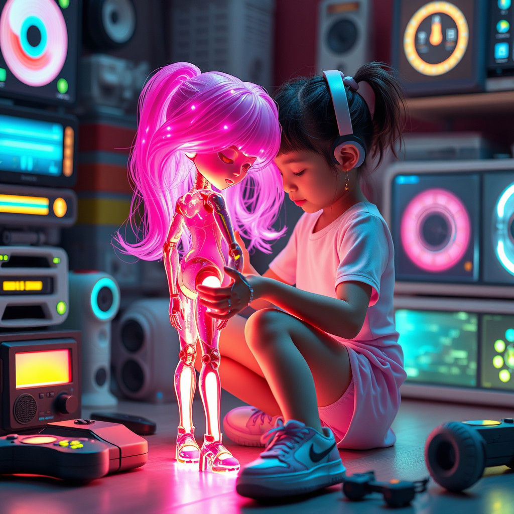 futuristic robot doll  with long neon pink hair