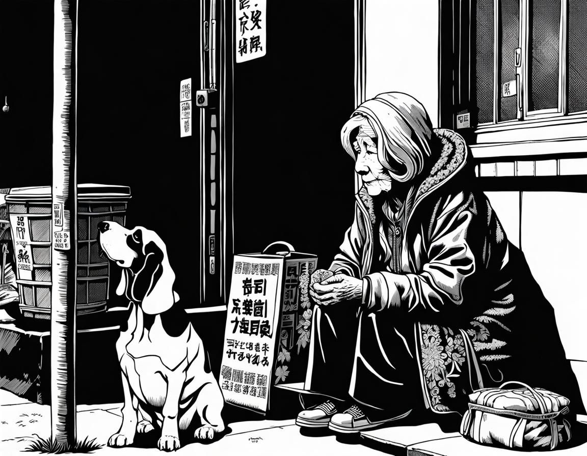 Homeless Woman and Basset Hound: Manga Ink Drawing