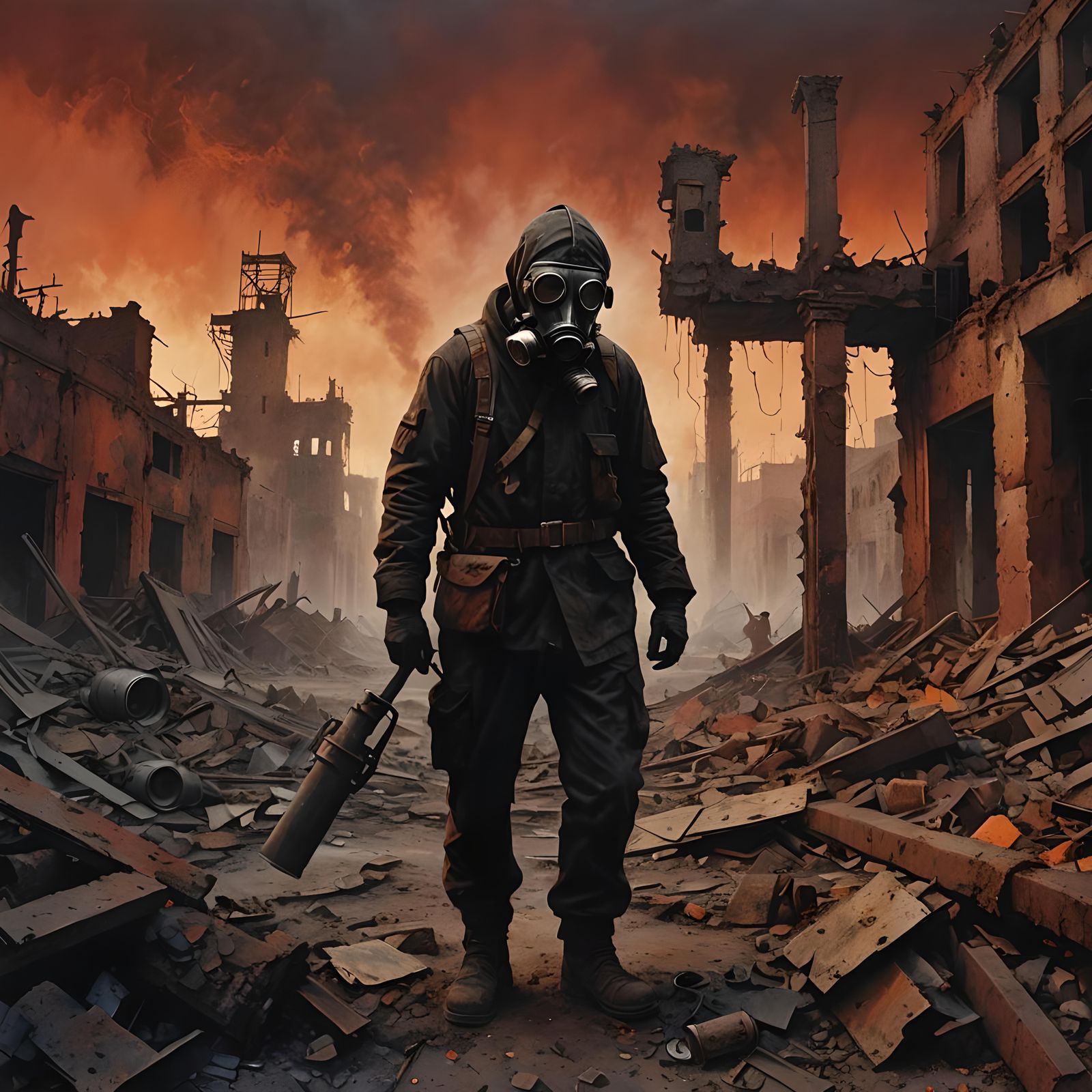 Post-Apocalyptic Scavenger in Beksiński-esque Landscape