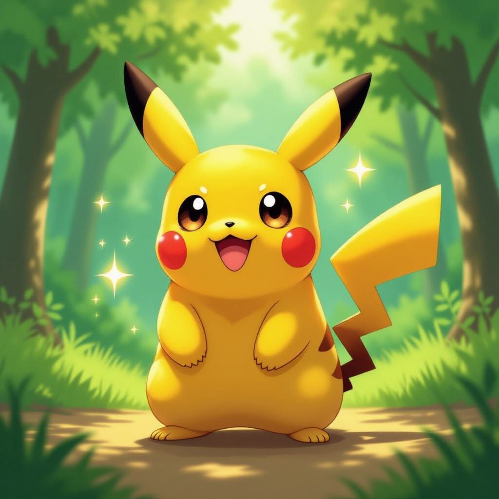 Joyful Pikachu in Lush Forest Anime Style