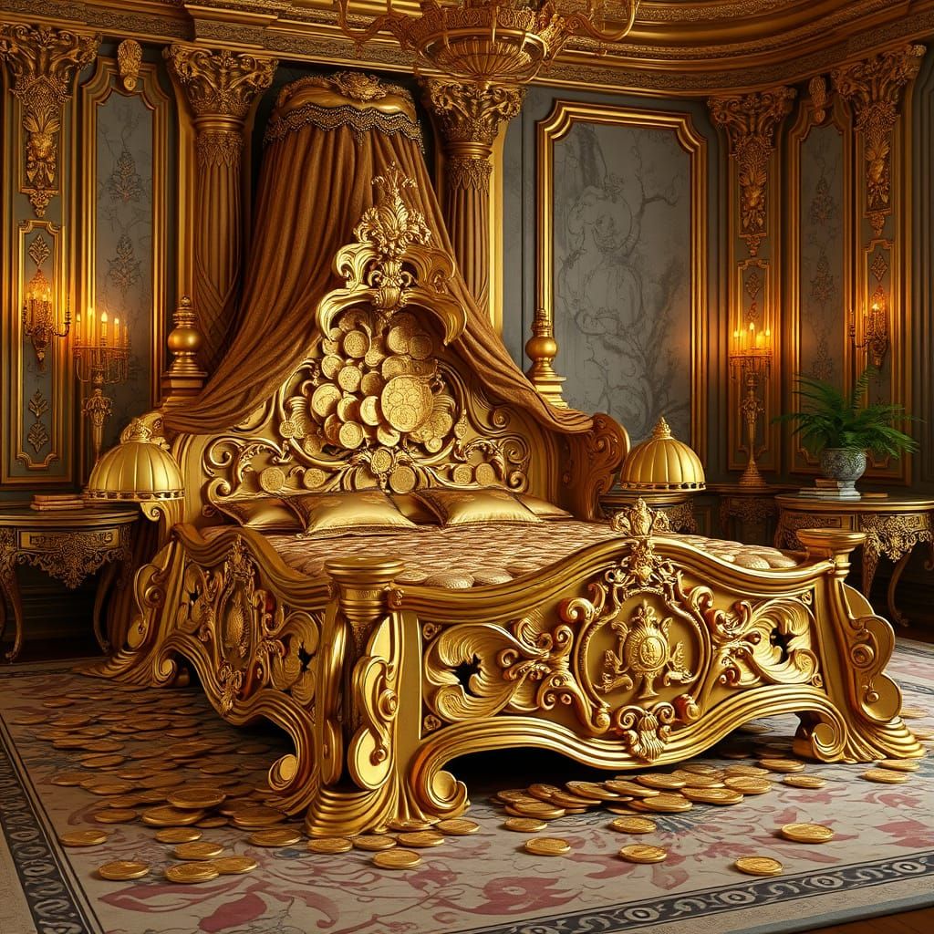 Luxurious Bed Made of Gold Coins in Opulent Bedroom