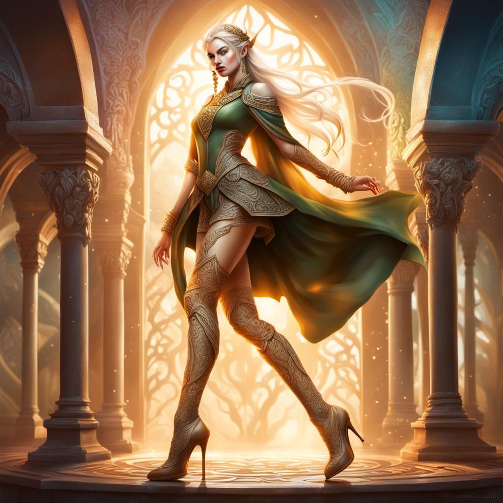 Beautiful Elven Girl in Tan Stockings and High Heels