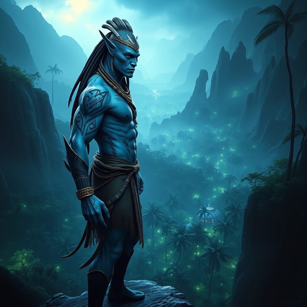 Na'vi Warrior in Ethereal Bioluminescent Forest