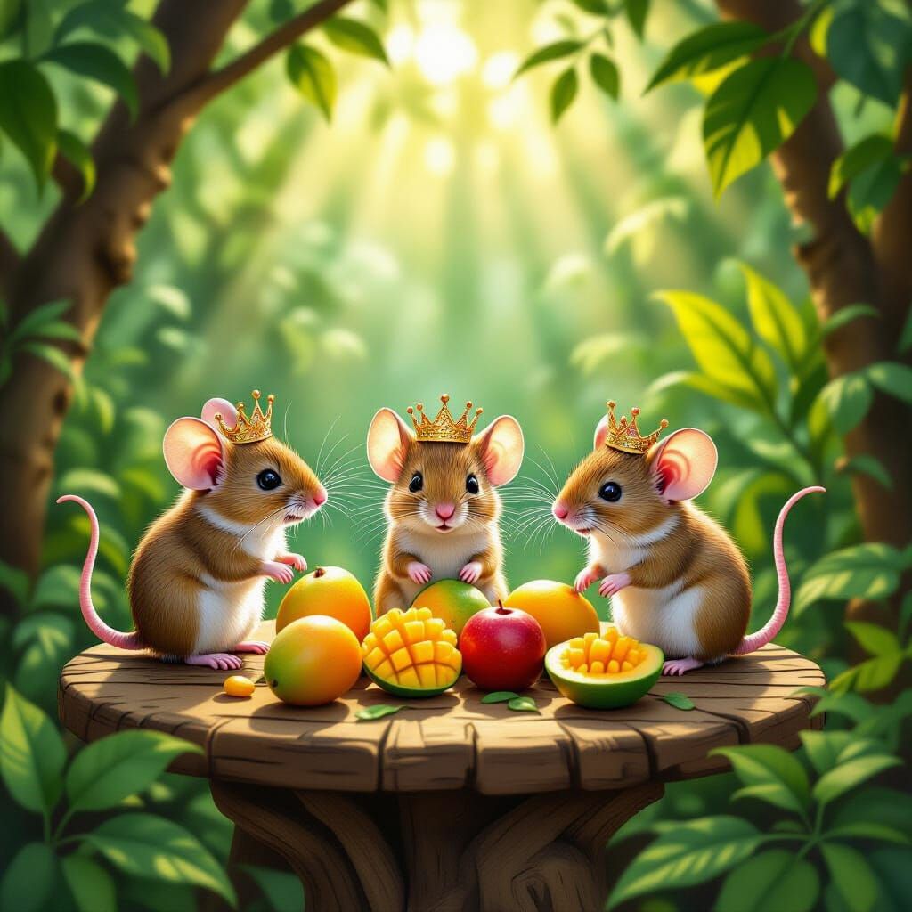Whimsical Mice Family Feast in Sunlit Jungle