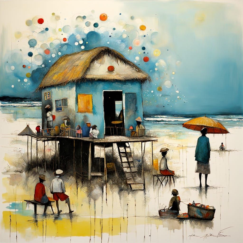 Airbrushed Beach Scene in Naive Primitive Style