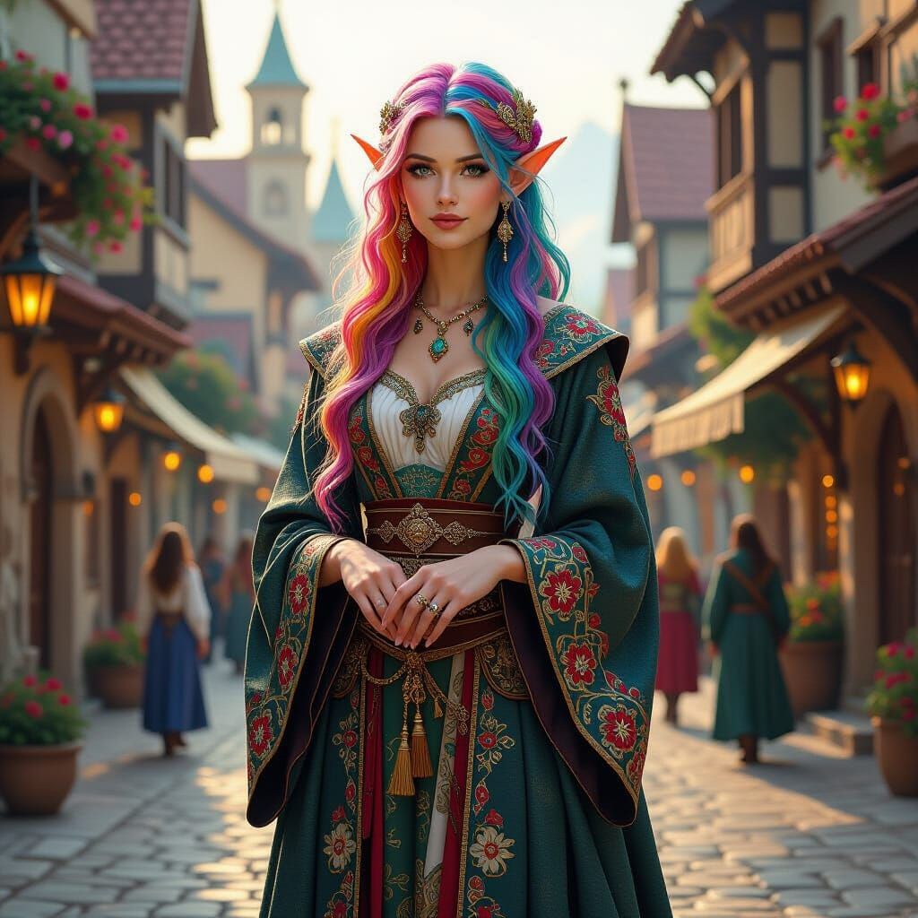 Fantasy Elf with Multi-Colored Hair in Oil Painting Style