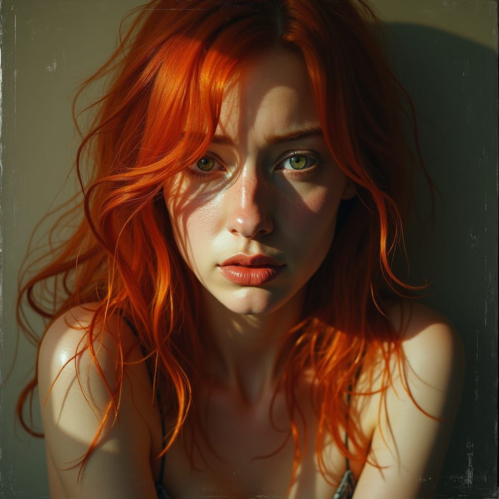 Sorrowful Redhead Portrait in Moody Realism