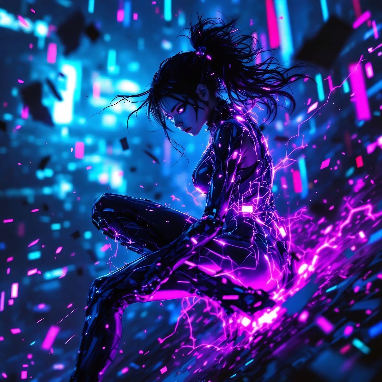 Glitch-Punk Huntress Leaps Through Digital Realm