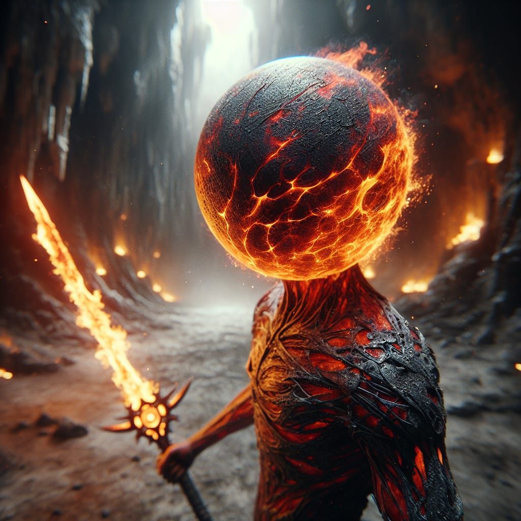 Fiery Humanoid Warrior in Hellish Cave