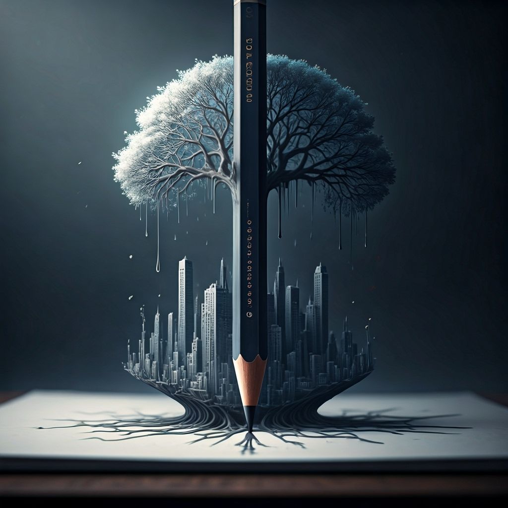 Graphite Pencil Creates 4D City and Tree of Life