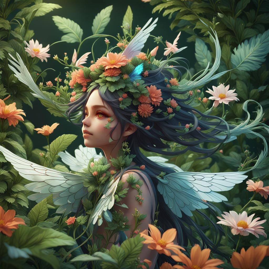 Anime Nymph in Lush Floral Setting: 3D Render