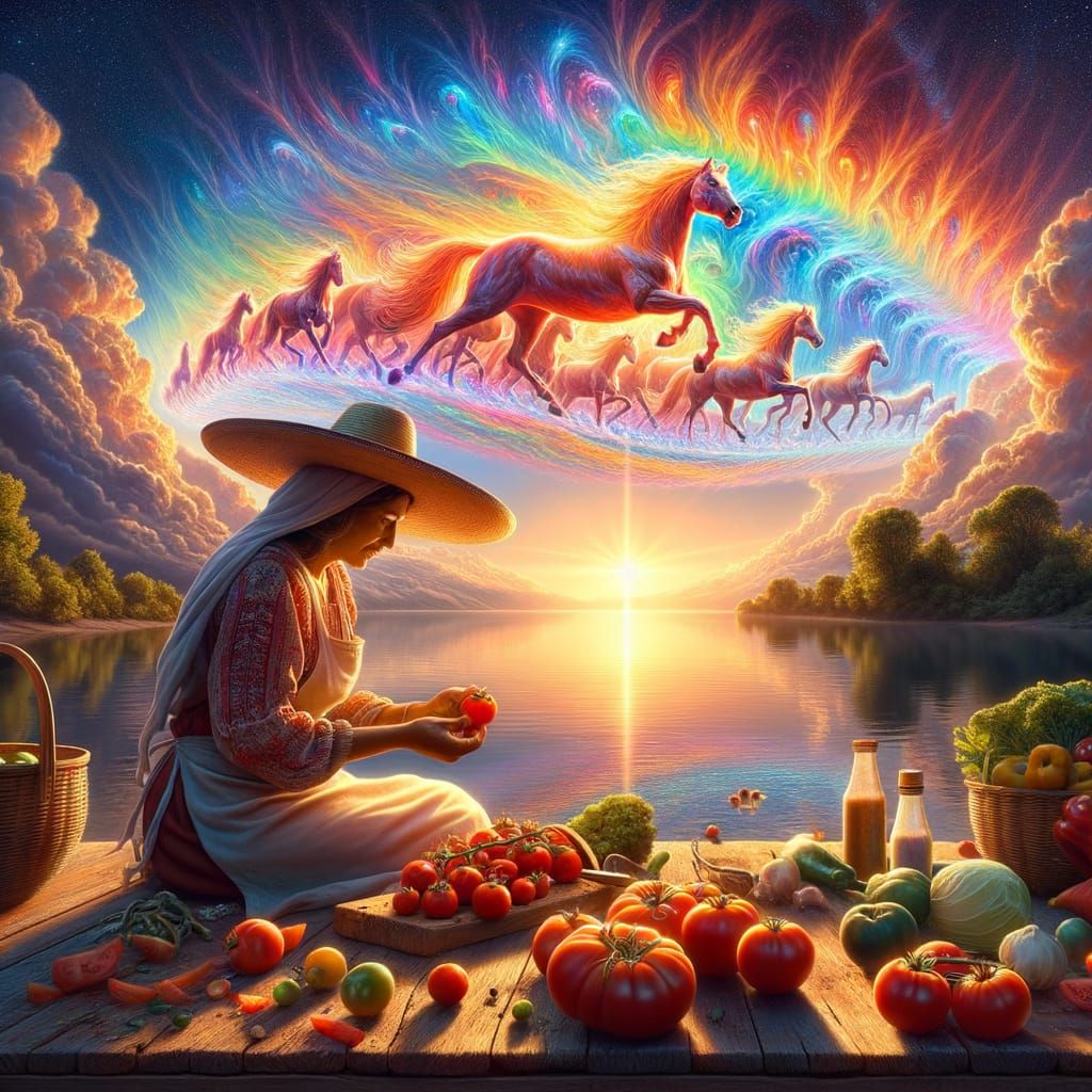 Vibrant Sunrise Over Argentinian Lakeshore with Lady and Hor...