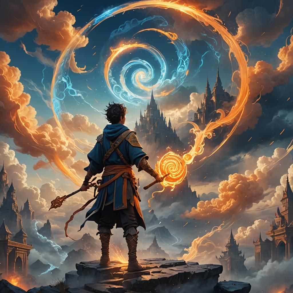 Boy Wielding Magic Staff in Mystical Clouds