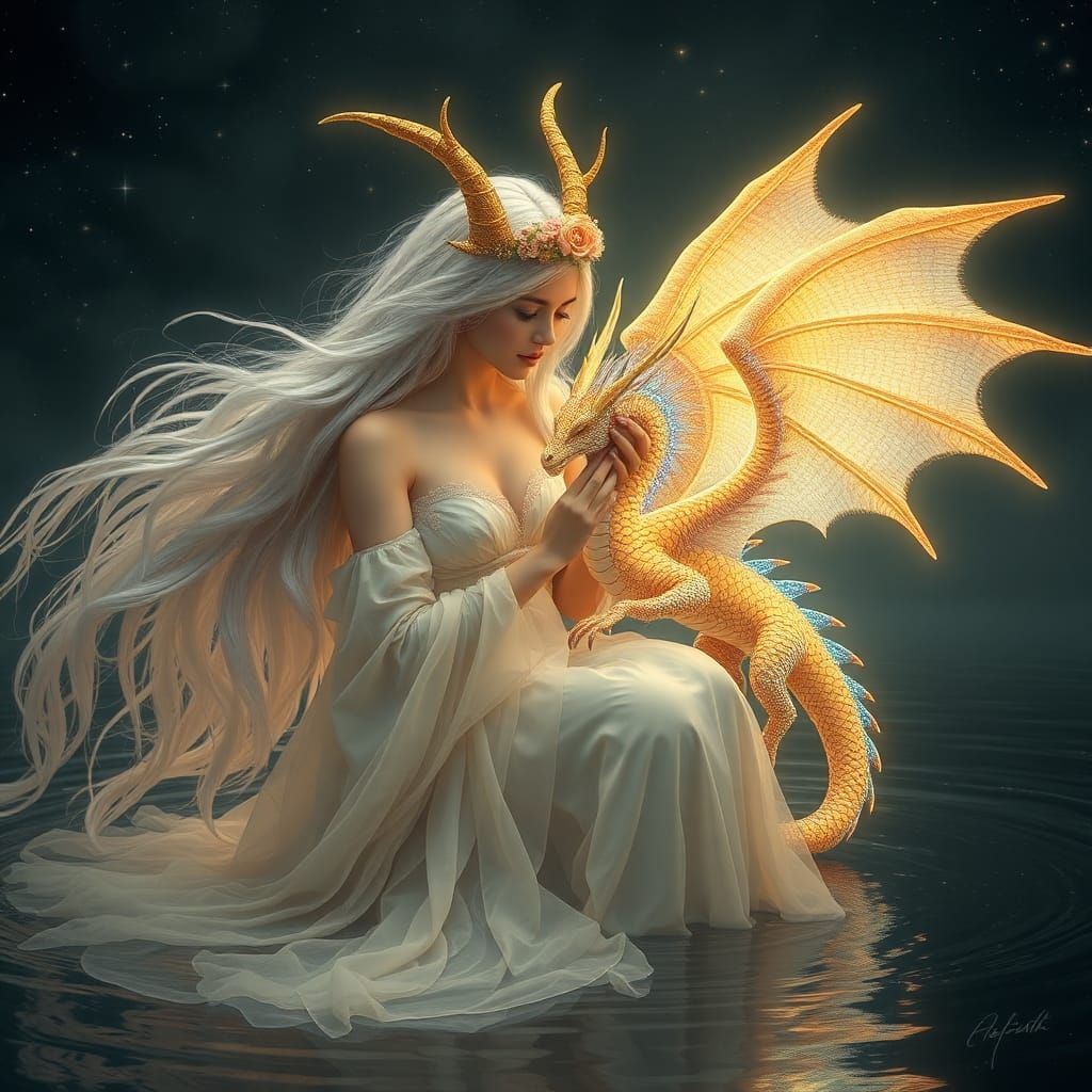 Mystical Woman and Celestial Dragon in Dreamlike Starlight