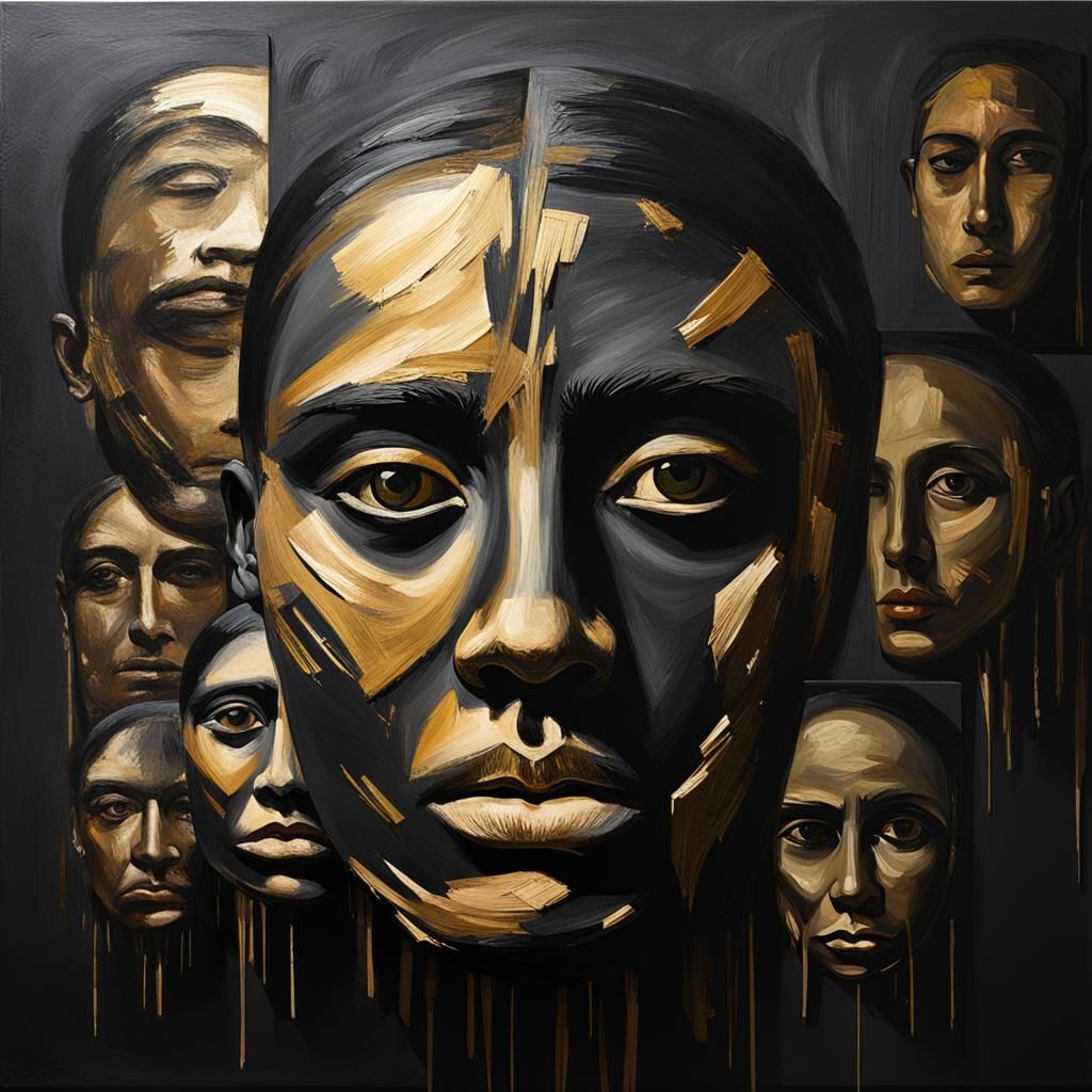 Recursive Black and Gold Faces Painting in Grunge Style