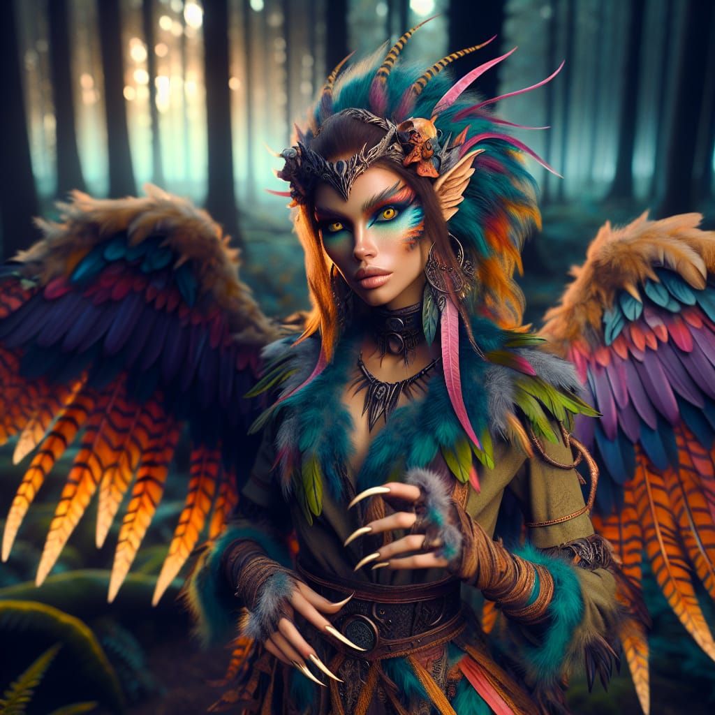 Hispanic Harpy Woman in Forest, HDR Digital Art