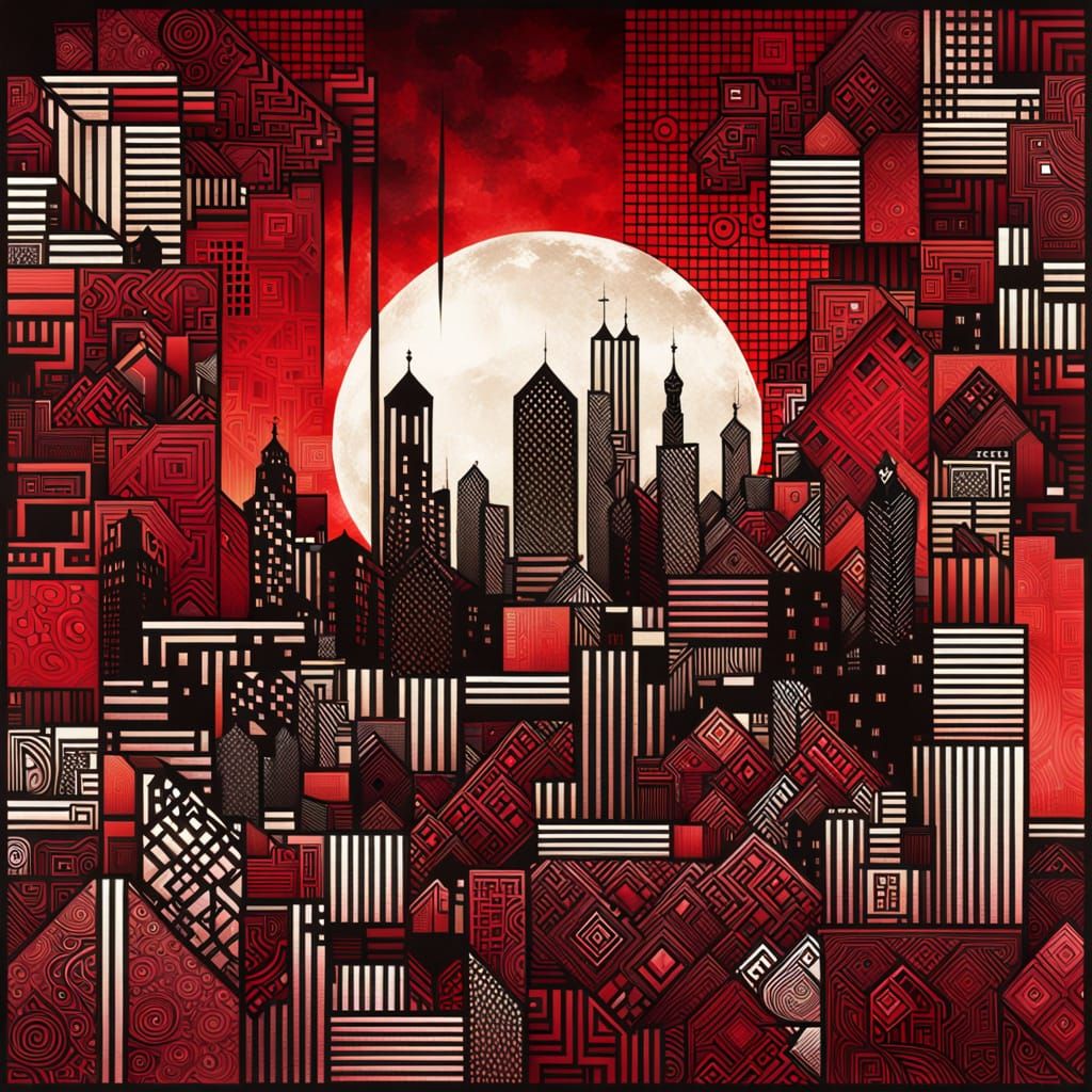 Geometric Cityscape Painting with Paisley Sky